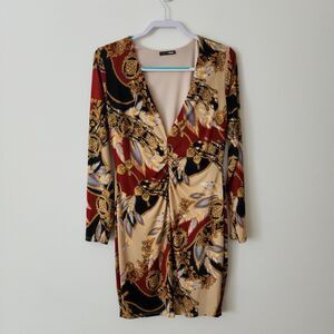 Fashion Nova Womens Dress Size 1X Deep V-Neck Pullover Beige Black Rusty Red USA